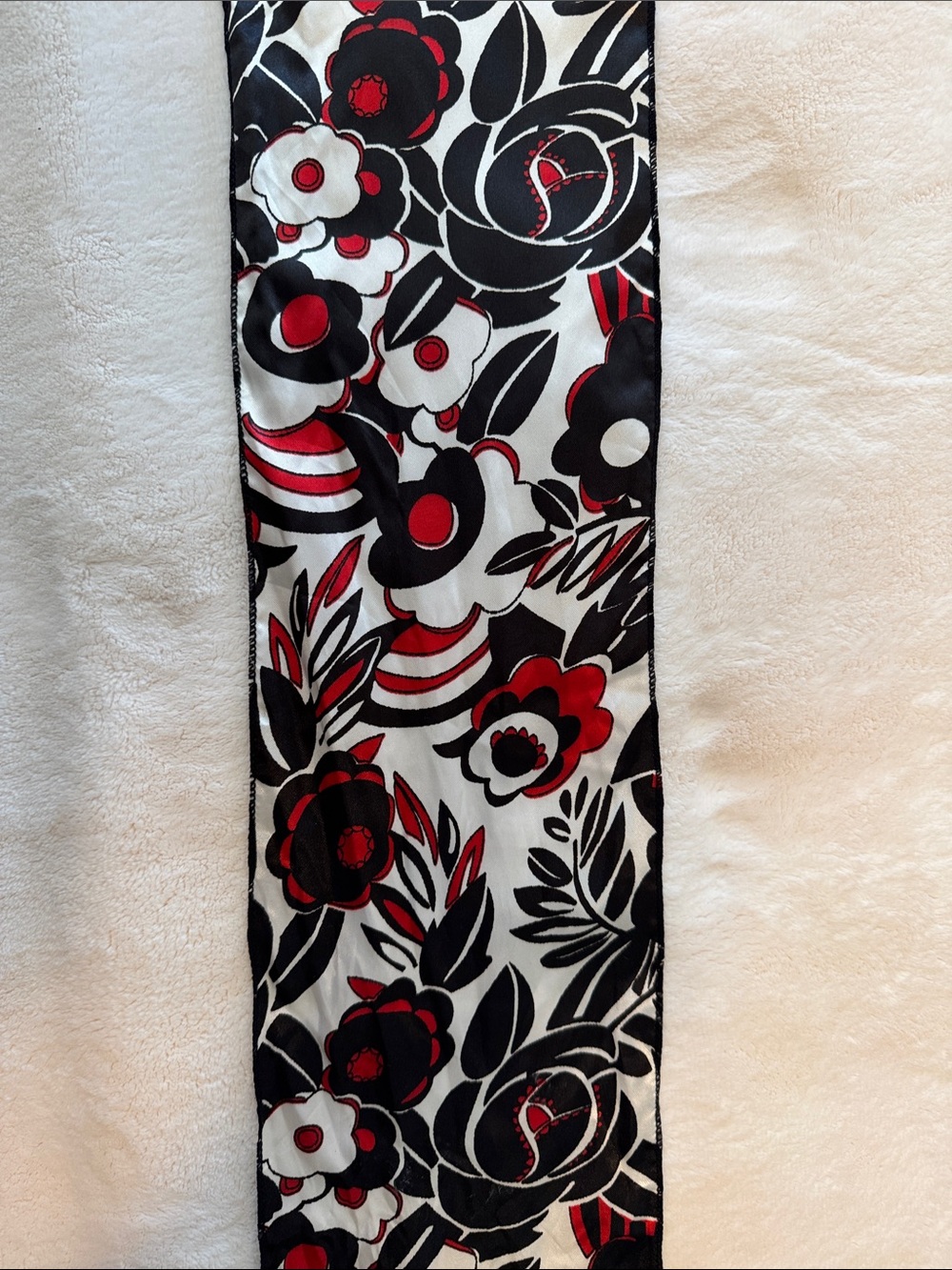 Silk-Feel Black, White & Red Floral Scarf - Unbranded